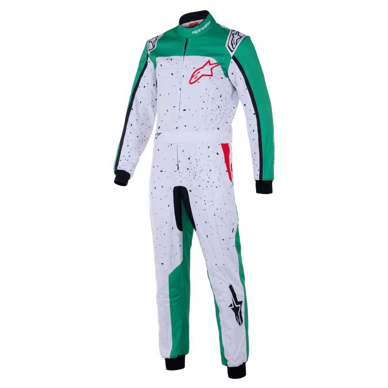 Alpinestars karting junior køredragt model KMX-9 V3 Graphic. Hvid med grøn og rød. Str. 120-150. FIA-8877-2022-godkendt.