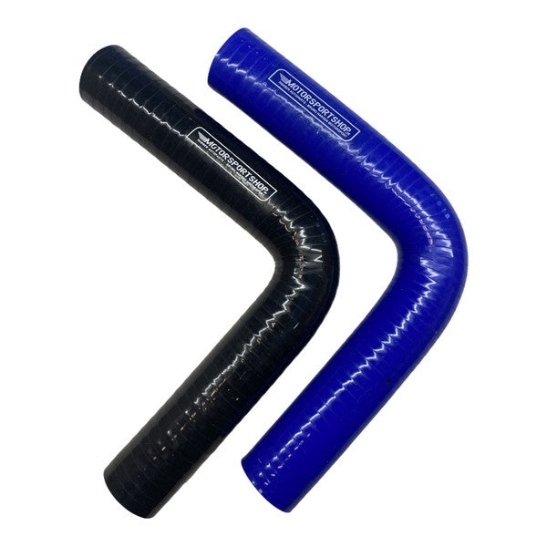 Silikoneslange 90 gr. bøjning med 28mm indvendig diameter. Benlængde 150 mm. Fås i blå eller sort