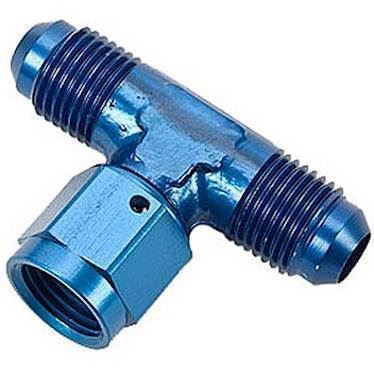 T-stykke adapter til fitting. -6JIC (han-hun-han). Aluminium, blå anodiceret