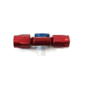 Aeroquip M12x1.5 -6JIC banjo fitting med 2 udgange til Weber karburator. Aluminium, rød og blå anodiceret. Leveres med banjo bolt.