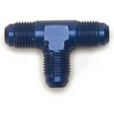 T-stykke adapter til fitting. -8JIC (han-han-han). Aluminium, blå anodiceret