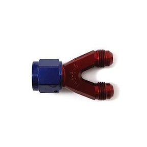 Y-stykke adapter til fitting. -6JIC (han-han-hun). Aluminium, blå anodiceret
