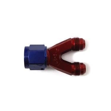 Y-stykke adapter til fitting. -6JIC (han-han-hun). Aluminium, blå anodiceret