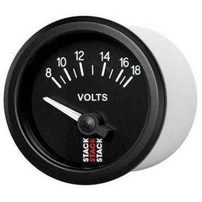 Stack Batterispænding 8-18 V ur. 52mm elektrisk. 90° skala. Sort baggrund med hvidt baggrundslys og oplyst nål.