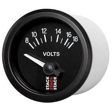 Stack Batterispænding 8-18 V ur. 52mm elektrisk. 90° skala. Sort baggrund med hvidt baggrundslys og oplyst nål.