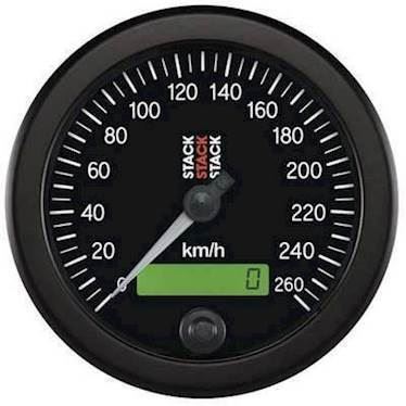 Stack speedometer 80 mm. 0-260 km/t. Hvidt baggrundslys og oplyst nål. Sort baggrund