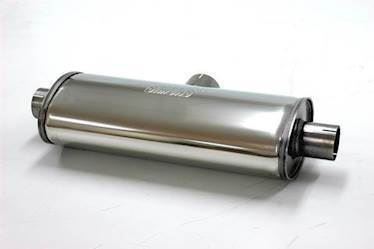 Simons lyddæmper 'DUPLEX 76-63' med 76mm indgang i midt og 63.5mm afgange i hver ende, ovalt 140/220mm længde 500mm (uden muffer) (rustfrit stål)