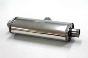 Simons lyddæmper 'DUPLEX 76-63' med 76mm indgang i midt og 63.5mm afgange i hver ende, ovalt 140/220mm længde 500mm (uden muffer) (rustfrit stål)