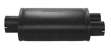 Simons lyddæmper 'SPLIT 76' med 2 afgange i 63.5mm, ovalt 140/220mm længde 320mm (uden muffer)