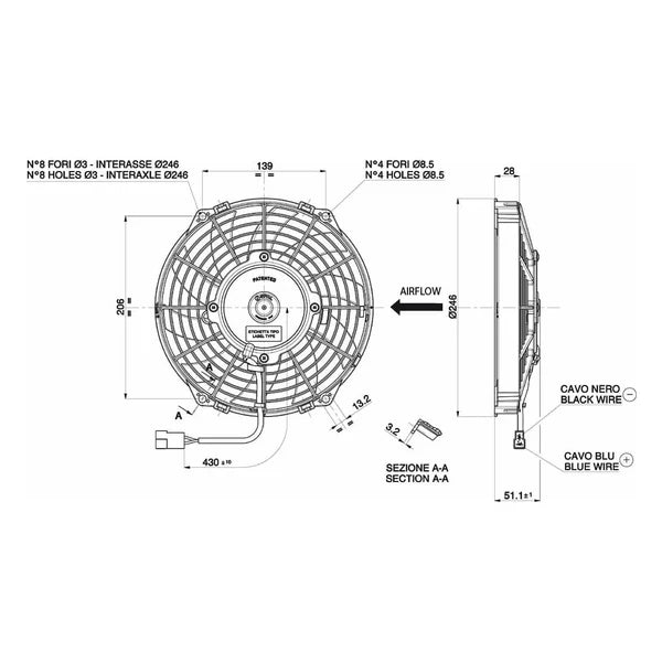 Spal 9" (225mm) blæser, universal 12V.