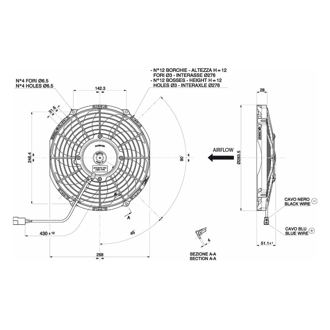 Spal 10" (255mm) blæser, universal 12V.