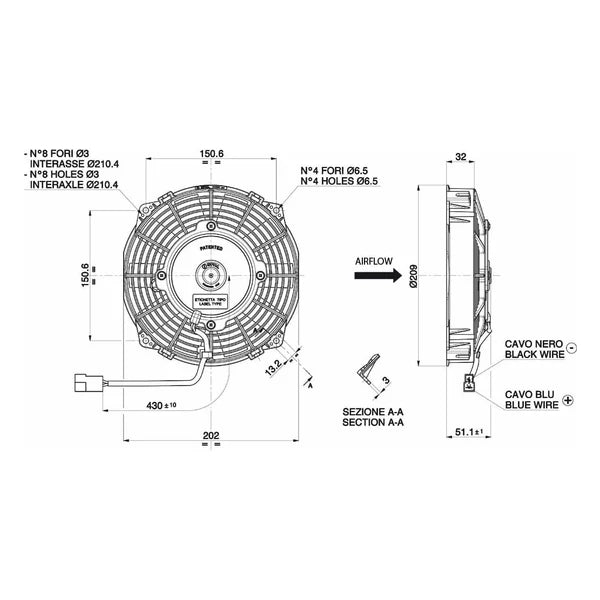 Spal 7,5" (190mm) suge blæser, universal 12V.
