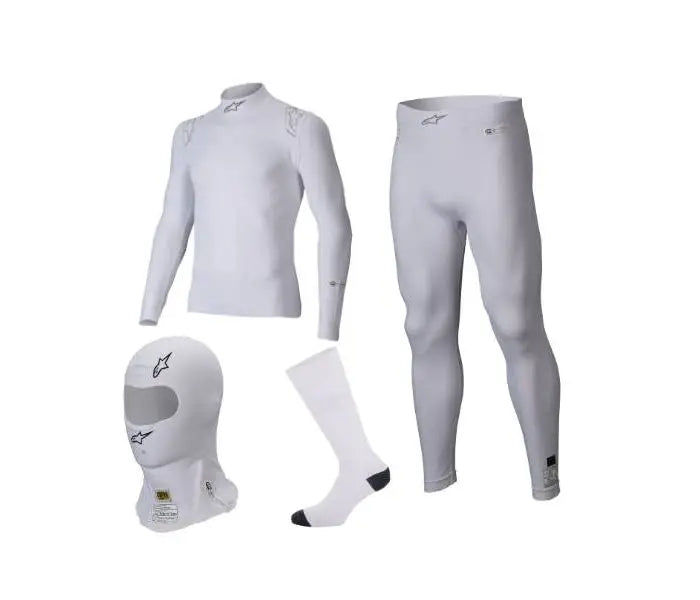 Alpinestars hvidt undertøjssæt model ZX (undertrøje, underbukser, strømper og balaclava). FIA-8856-2018 godkendt