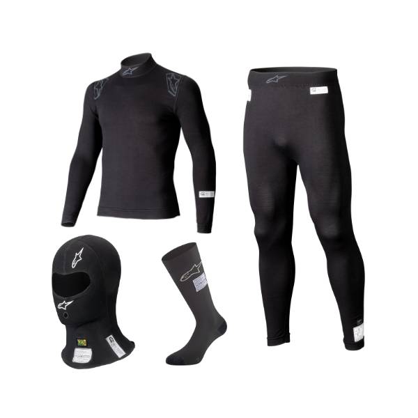 Alpinestars sort undertøjssæt model ZX (undertrøje, underbukser, strømper og balaclava). FIA-8856-2018 godkendt