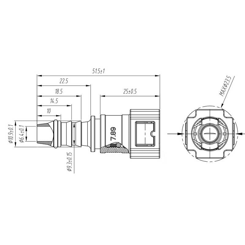 Samlestykke til OE 7,89mm (hun) benzin connector med 10mm studs