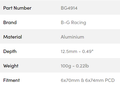B-G Racing rat spacer/adaptor 12.5mm 6x70 / 6x74 PCD (med bolte)