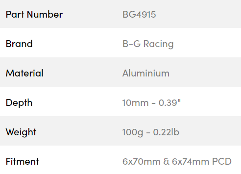 B-G Racing rat spacer 10mm 6x70 / 6x74 PCD (med bolte)