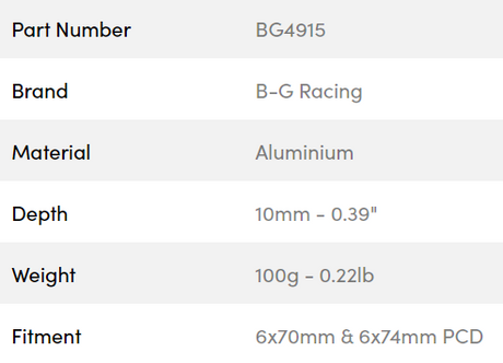 B-G Racing rat spacer 10mm 6x70 / 6x74 PCD (med bolte)