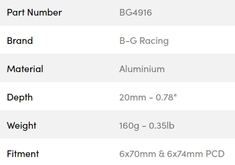 B-G Racing rat spacer 20mm 6x70 / 6x74 PCD (med bolte)
