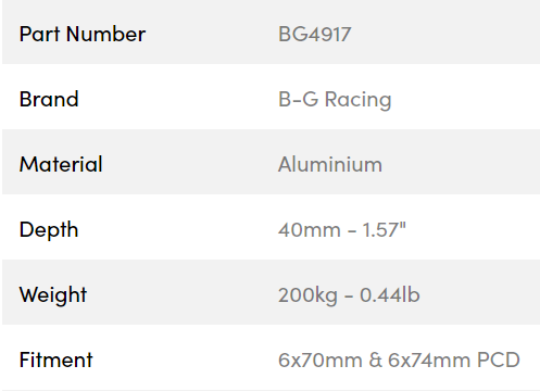 B-G Racing rat spacer/adaptor 40mm 6x70 / 6x74 PCD (med bolte)