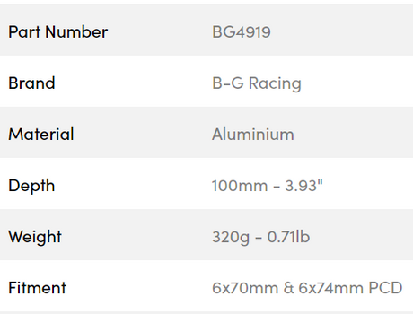 B-G Racing rat spacer/adaptor 100mm 6x70 / 6x74 PCD (med bolte)