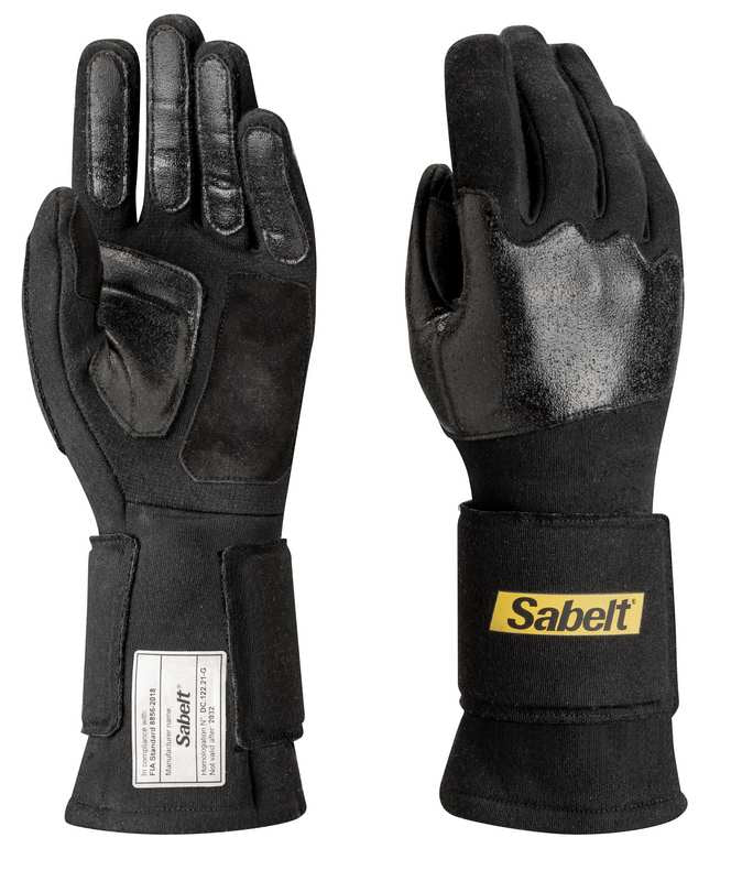 Sabelt handsker model Laser TG-3.1. Str. 9-12. FIA-8856-2018-godkendt. Sort eller neon gul