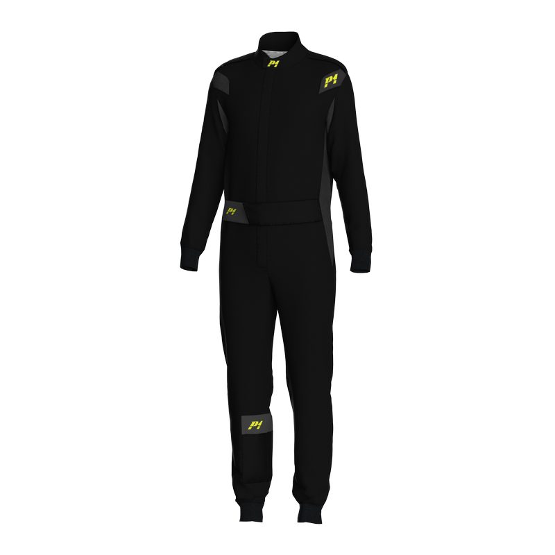P1 køredragt model Lite Passion. Stor model. Str. 4-8. Sort med mørkegrå. FIA-8856-2018-godkendt