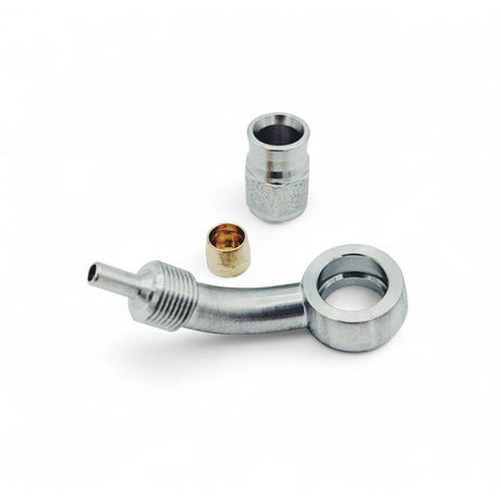 Banjo 45 gr. bremsefitting til 3/8 og M10 kort banjobolt til -3 slange. Rustfri stål