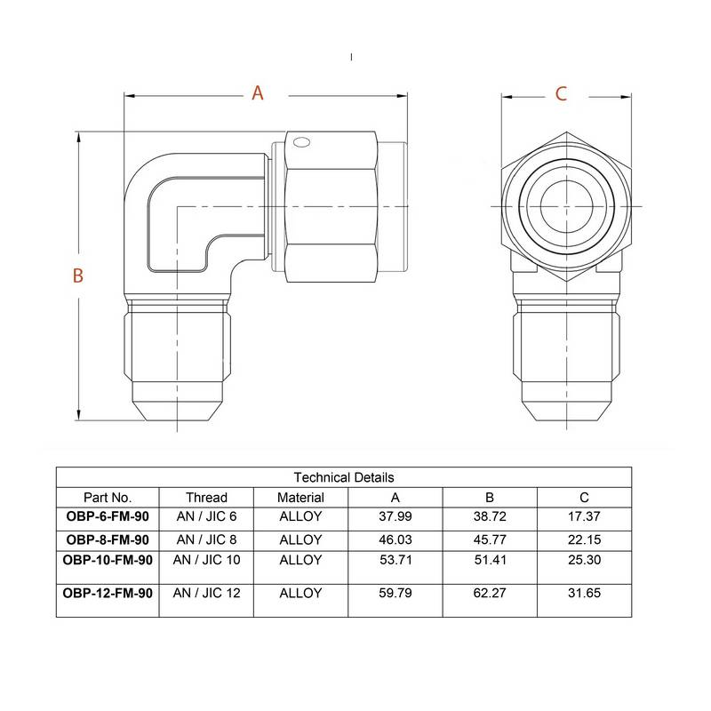 OBP 90gr adapter til fitting. -12JIC (hun-han). Aluminium, sort.
