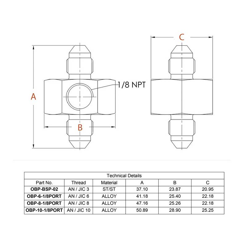 OBP T-stykke adapter til fitting. -10JIC / -10JIC / 1/8NPT (han-han-hun). Aluminium, sort.