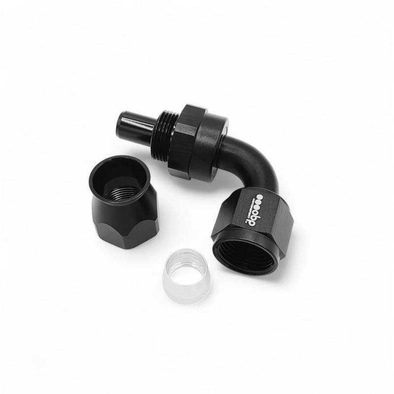OBP 90gr fitting (hun) til -12JIC OBP teflonslange. Aluminium, sort.