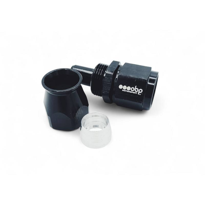 OBP lige fitting (hun) til -4JIC OBP teflonslange. Aluminium, sort.
