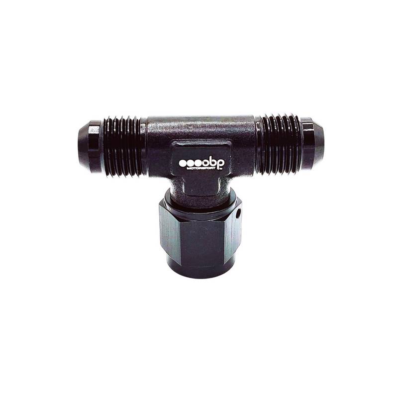 OBP T-stykke adapter til fitting. -12JIC (han-hun-han). Aluminium, sort.