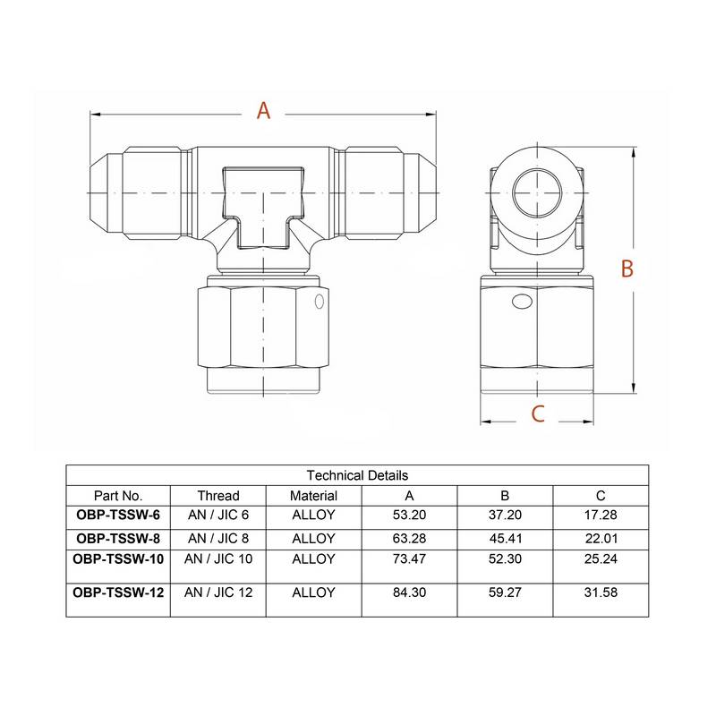 OBP T-stykke adapter til fitting. -12JIC (han-hun-han). Aluminium, sort.