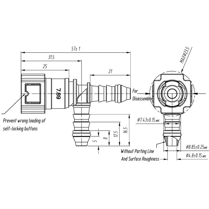 T-stykke til OE 7,89mm benzin connector med 2x 8mm studs