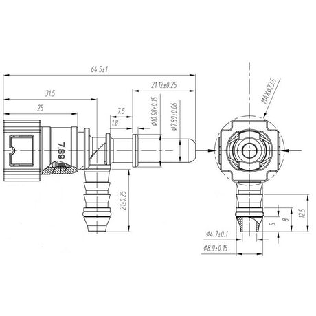T-stykke til OE 7,89mm benzin connector med 8mm studs