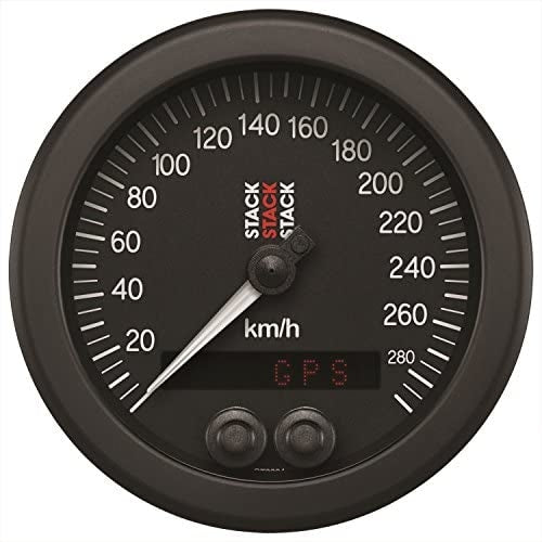 Stack speedometer 80 mm. 0-290 km/t. GPS-styret, hvidt baggrundslys og oplyst nål. Sort baggrund
