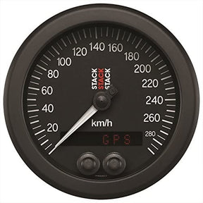 Stack speedometer 80 mm. 0-290 km/t. GPS-styret, hvidt baggrundslys og oplyst nål. Sort baggrund