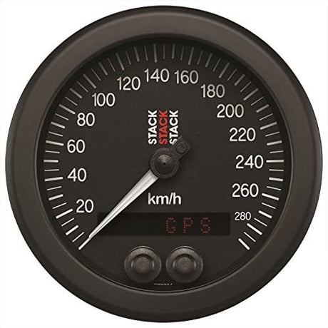 Stack speedometer 80 mm. 0-290 km/t. GPS-styret, hvidt baggrundslys og oplyst nål. Sort baggrund