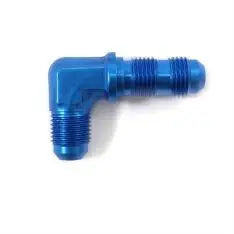 Gennemføringsadapter 90 gr. til fitting. -6JIC (han-han). Aluminium, blå anodiceret. Anvendes til gennemføring i karosserier, benzintanke mm. - RESTSALG
